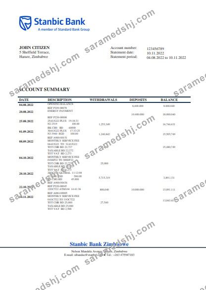 Zimbabwe Stanbic Bank statement template in Word and PDF format